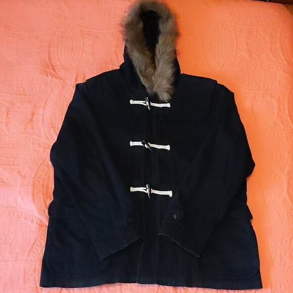 Gap Black Faux Fur Trim Hood Horn Button Closure Heavy Coat XXL - Picture 1 of 11